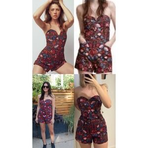 HM Conscious Strapless Floral Romper Red Blue Sweetheart Neckline Pockets Size 2